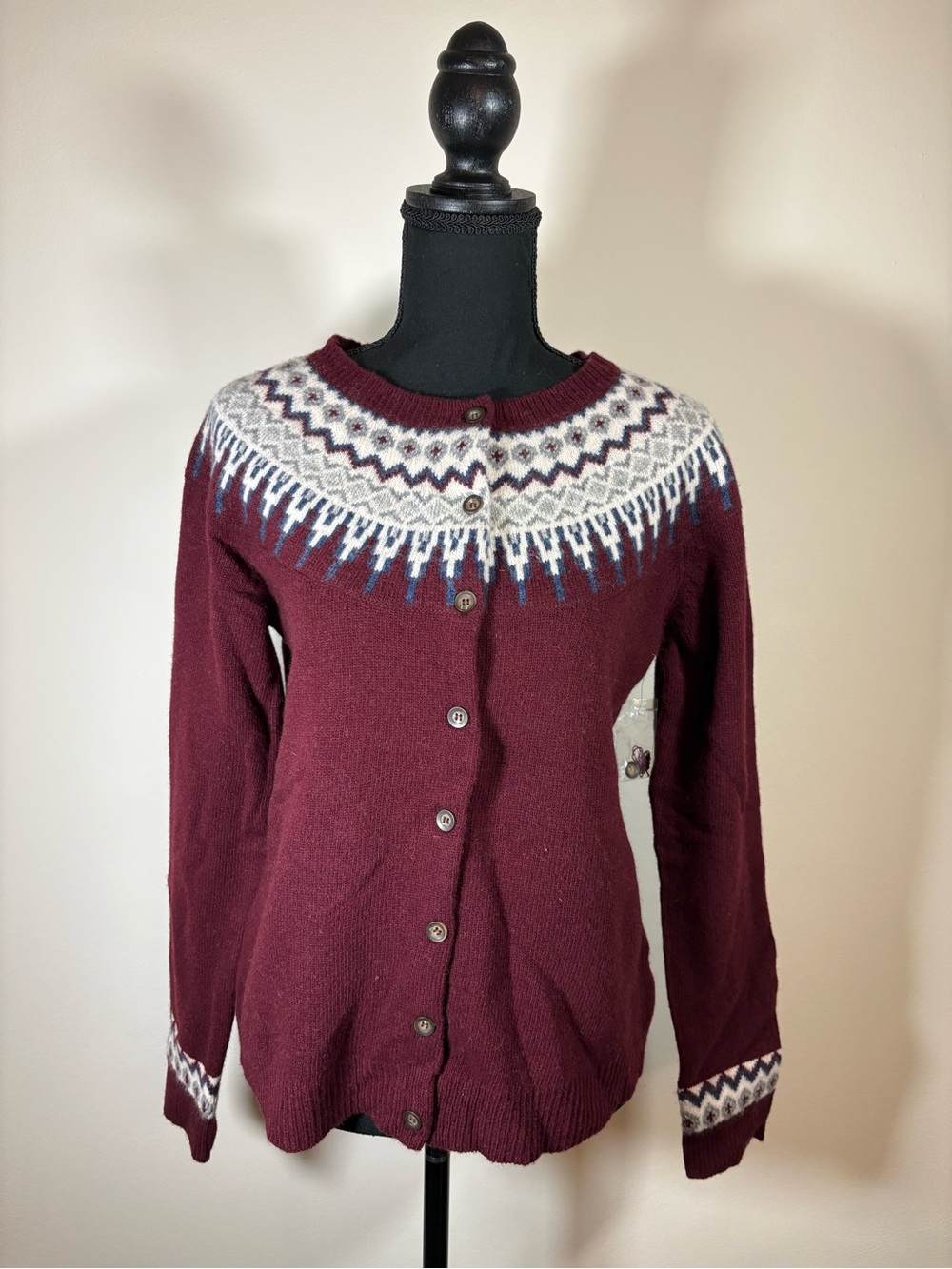 NWT Telluride Clothing Co. Maroon Wool Blend Fair Isle Cardigan Sweater - Large
